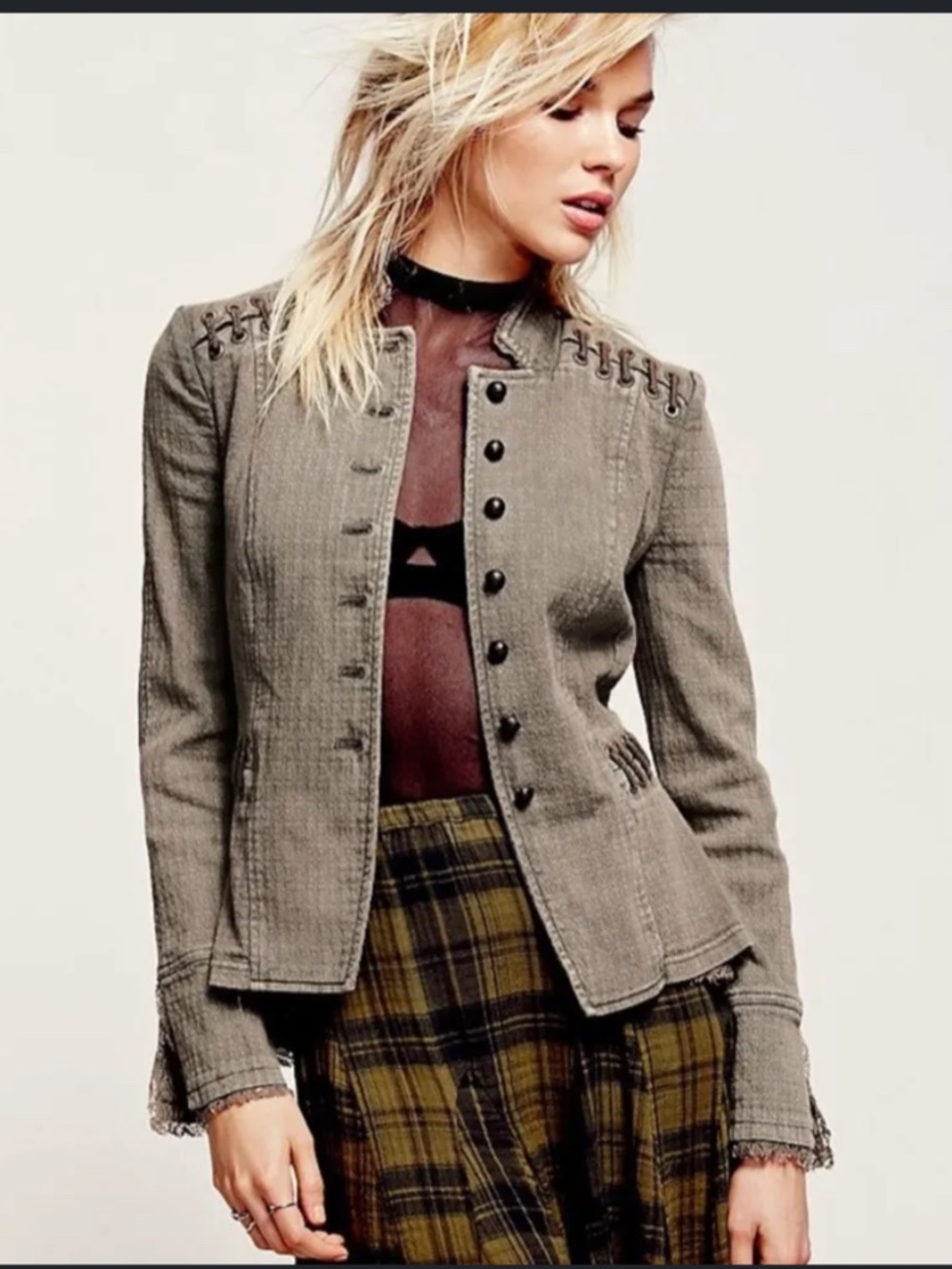 Free People Grey Victorian, Military Lace Ruffle Jacket, Blazer Size XS